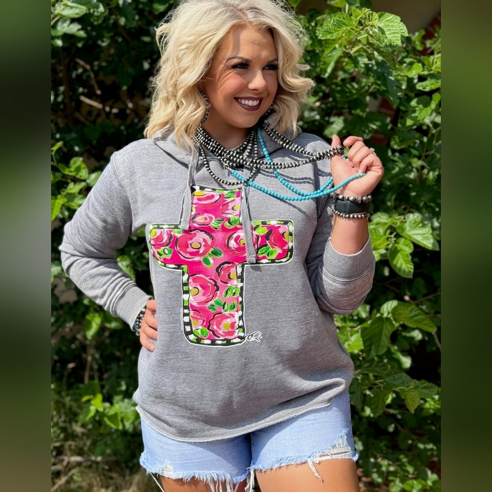 NWT Gray Hoodie with Floral Cross Design